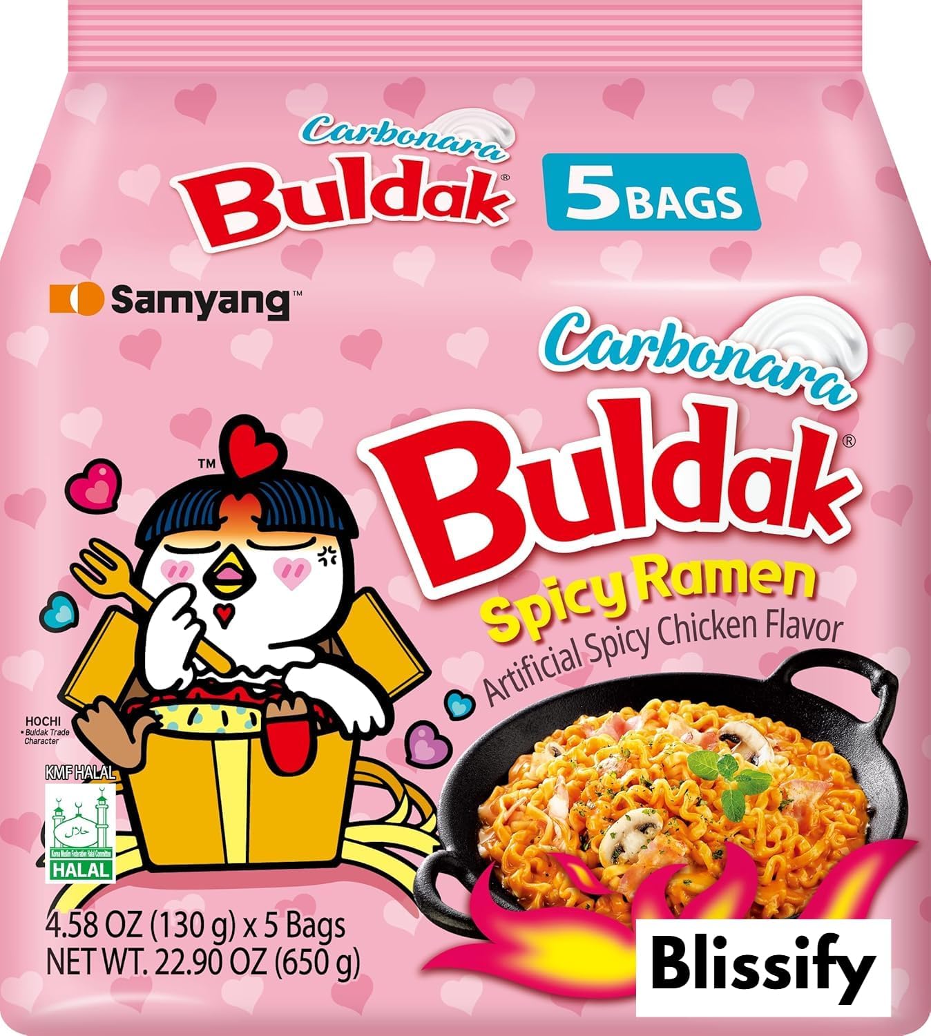 Blissify -Korean Import Hot Chicken Flavour Carbo nara Noodles - Fire Fried Super Hot Spicy PINK Noodle (128g x 5) - HALAL - By Buldak