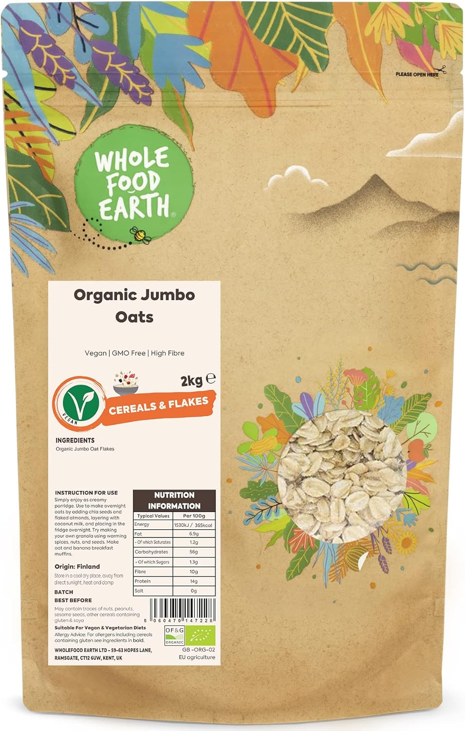 Wholefood Earth Organic Jumbo Oats – 2 kg | Vegan | GMO Free | High Fibre | Certified Organic