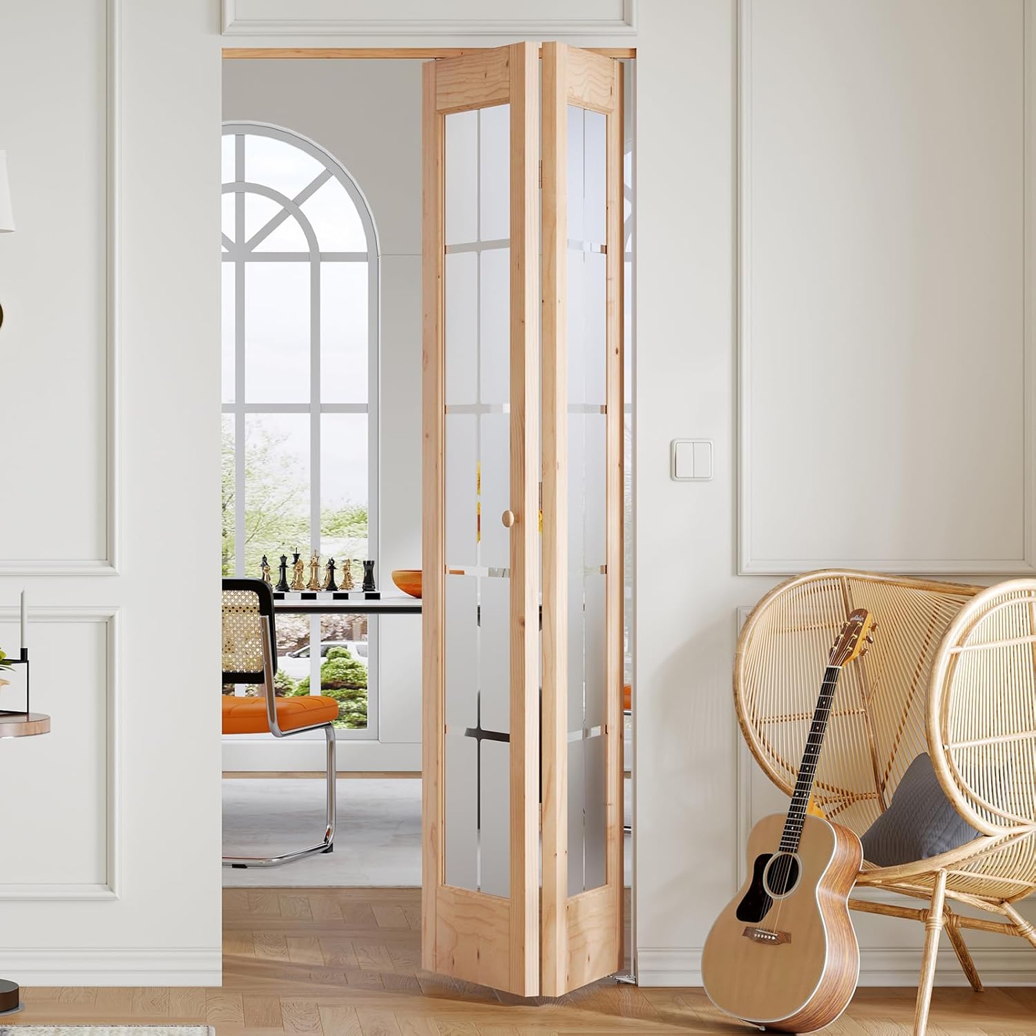 Preassembled Bi-Fold Doors, for 36 x 80 inch Opening,Tempered Frosted Glass Cross Transparent Folding Barn Door with Concealed Hardware Kit,Wood French Doors,Easy Installation