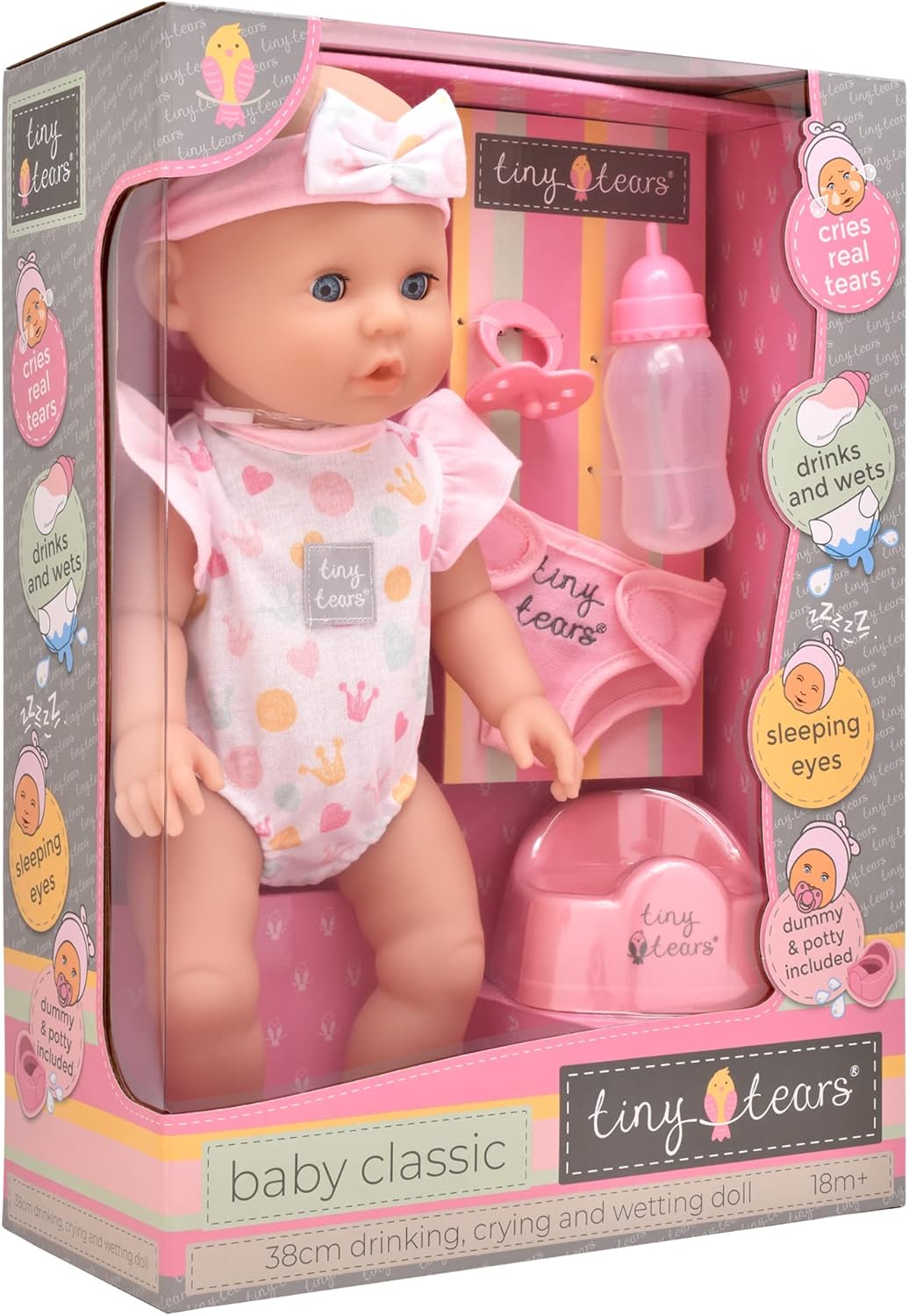 John Adams | Tiny Tears - Baby Classic - 38cm crying and wetting doll: One of the UK's best loved doll brands! | Nurturing Dolls | Ages 18m+