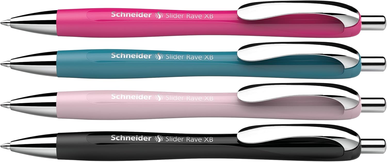 Schneider Limited Edition Slider Rave XB (Extra Broad) Ballpoint Pen, Refillable + Retractable, 1.4 mm, Special Assortment Barrels, Blue Ink, Promo Box of 4 Pens (132564)