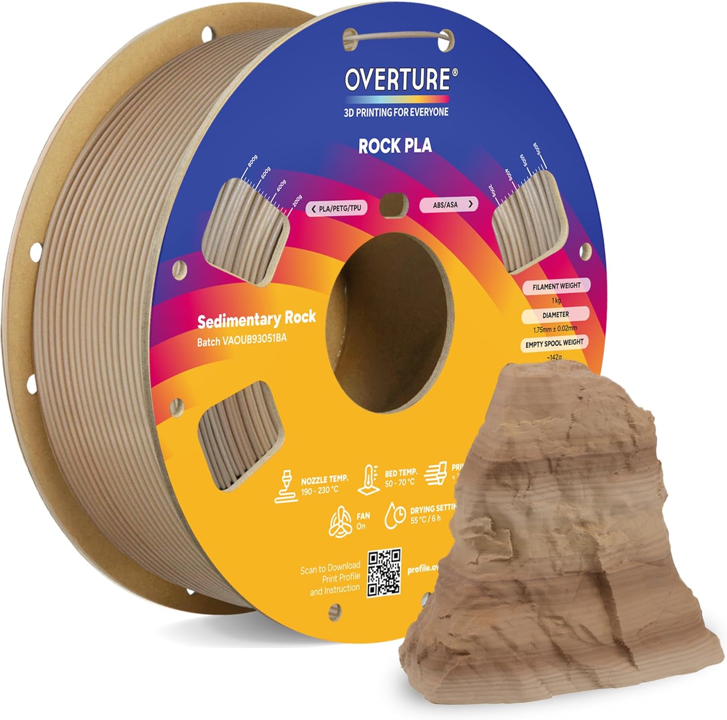 OVERTURE Rock PLA Filament 1.75mm, Marble PLA 3D Printer Filament 1kg Spool (2.2lbs), Dimensional Accuracy +/- 0.02 mm, Fit Most FDM Printer (Sedimentary Rock)