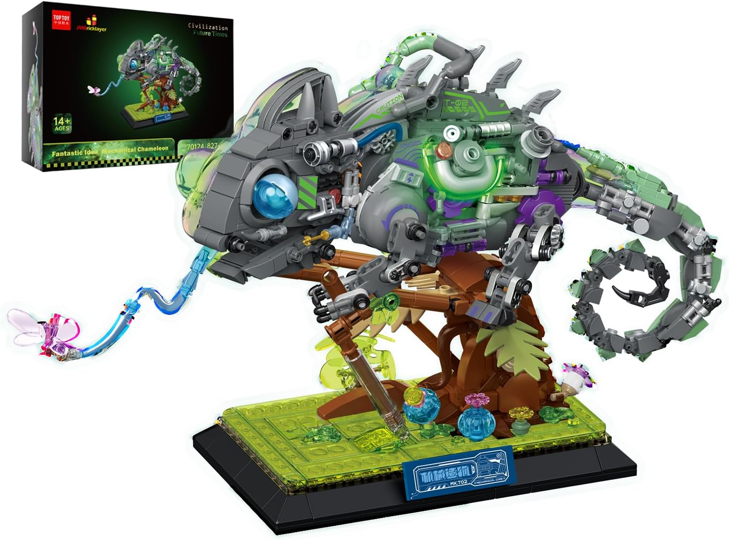 JMBricklayer Neon Body Mechanical Chameleon Building Sets 70124, Cool Animals Collectible Display Model Kits with Base, Creative Design Construction Toys Gifts for Boys Girls Adult (827 Pieces)