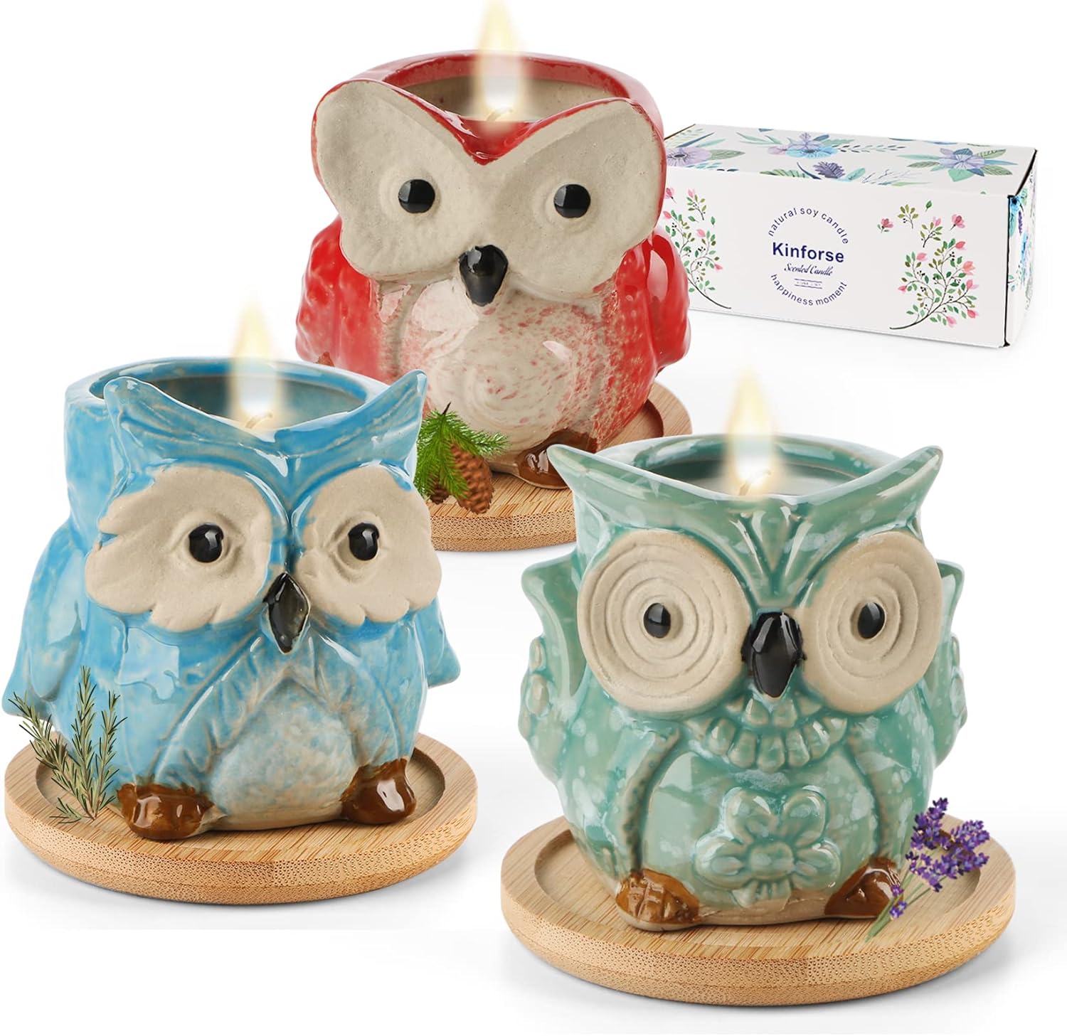 Kinforse Whimsical Owl-Design Soy Candle Gift Set for Women | Elegant Home Decor & Stress-Relief Presents | Luxe Birthday Gifts for Her, Spa Nights or Zen Home Decor (3-Pack)