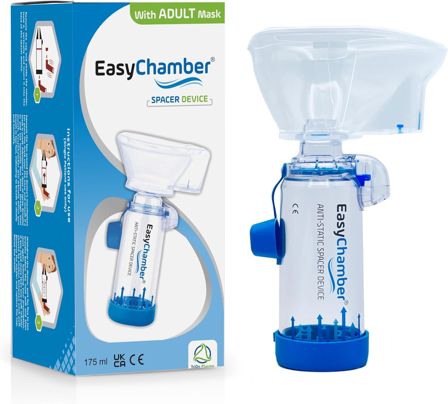 EasyChamber Anti-Static Spacer Device with Adult Mask, Inhaler Chamber, use with Metered Dose Inhaler, BPA and Latex Free