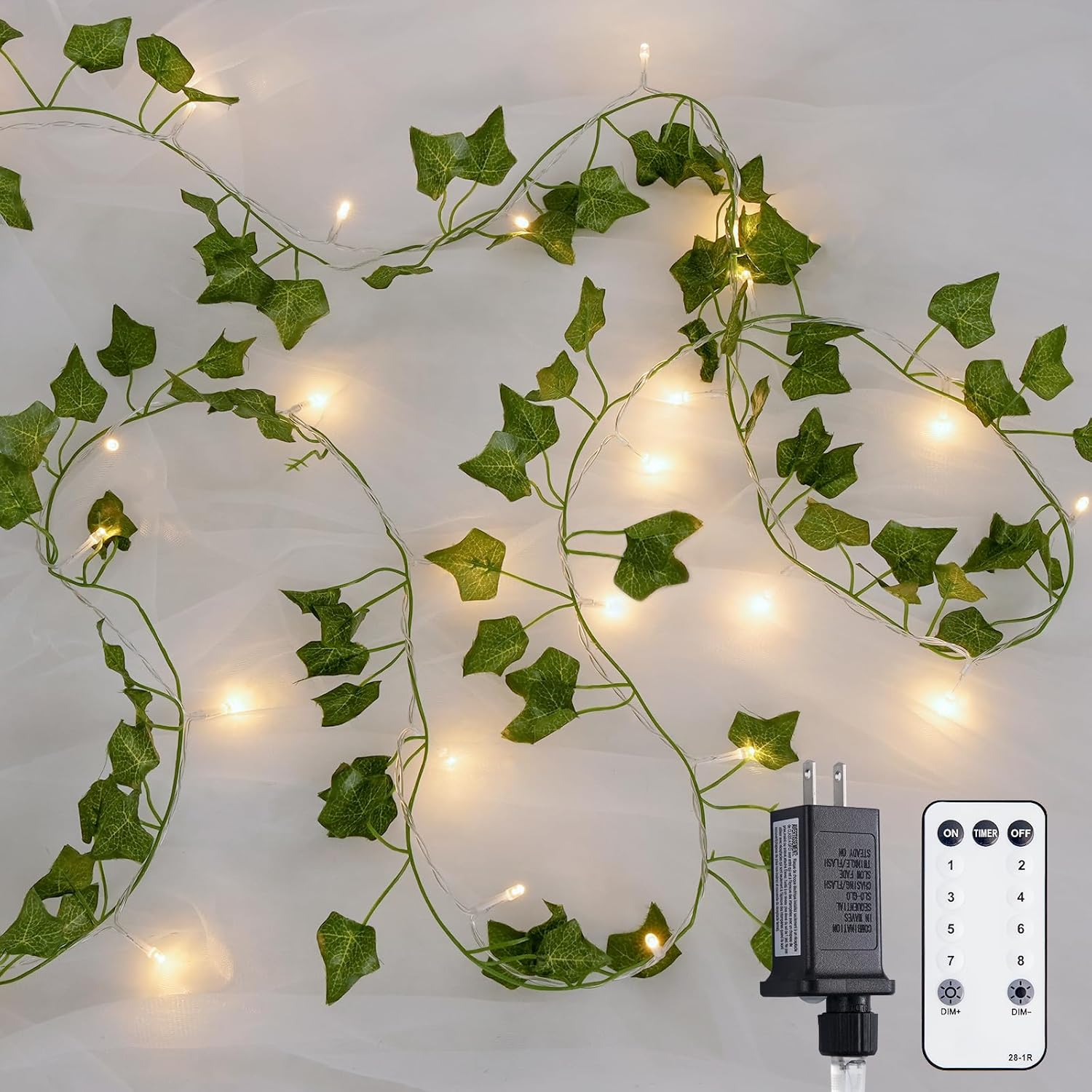 JMEXSUSS 100 LED Vines with Lights Plug in, Ivy Vines with Fairy Lights with Remote, 33 FT Leaf String Lights Waterproof for Room Bedroom Wall Fireplace Decoration（Warm White）