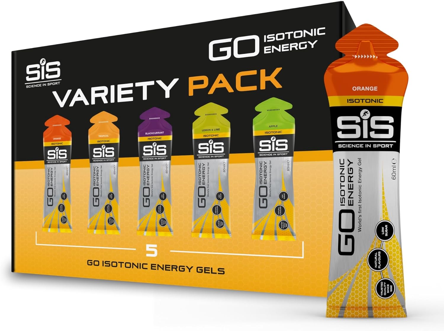 Science In Sport GO Isotonic Energy Gels, Running Gels with 22 g Carbohydrates, Low Sugar, Variety Pack of Assorted Flavours, 60 ml Per Serving (5 Pack), Packaging May Vary
