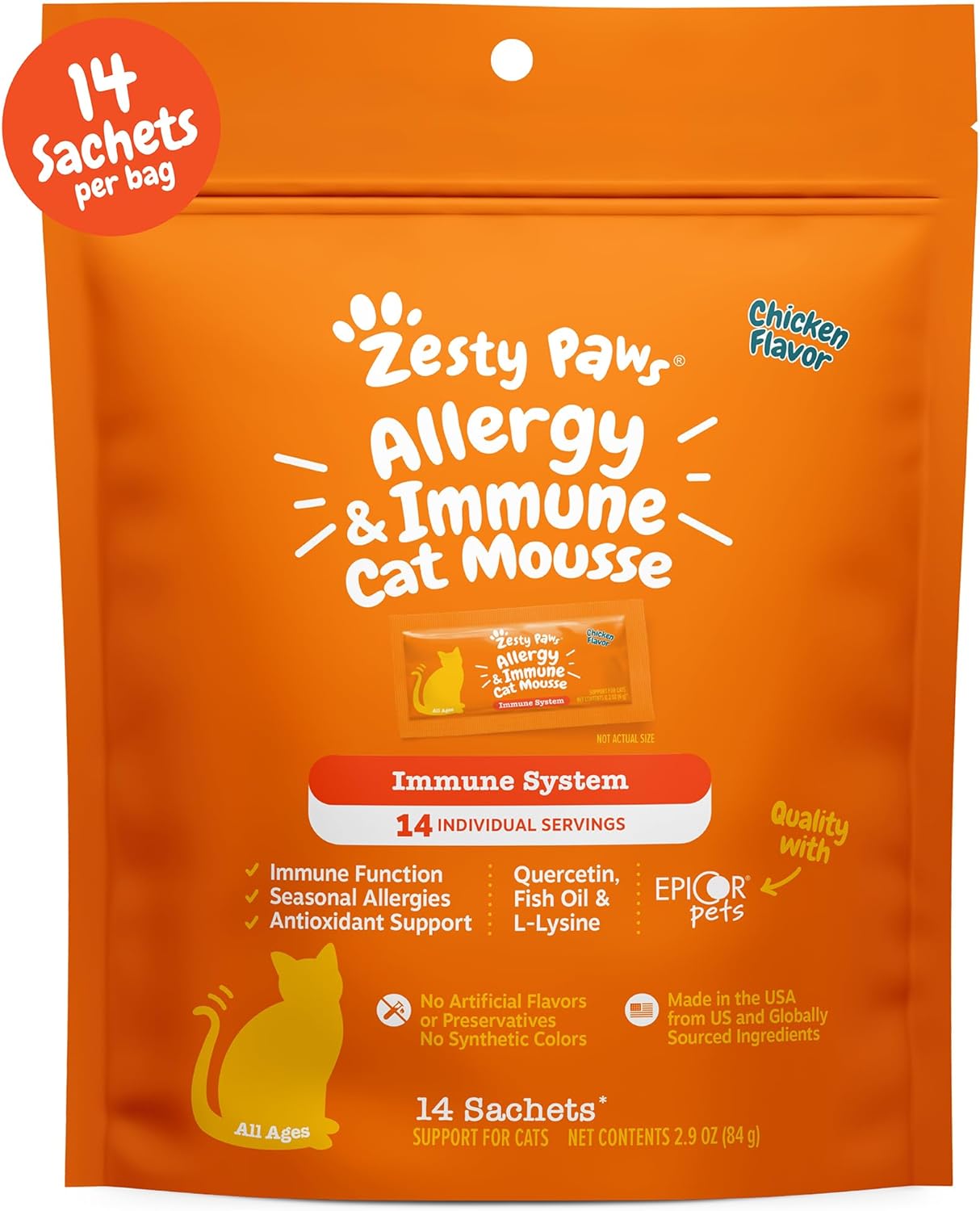 Zesty Paws Allergy & Immune Mousse - Cat Vitamins & Supplements Treats - Allergy Relief for Cats L-Lysine Squeeze up for Immunity, Skin Health & Antioxidant Support - Chicken 14ct