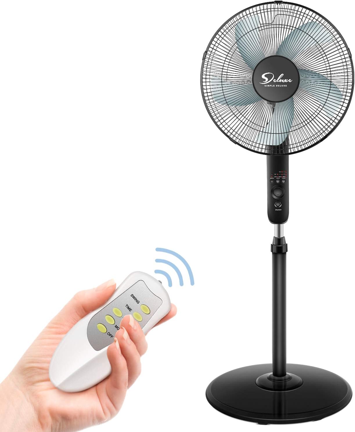 Simple Deluxe Pedestal Stand Fan with Remote Control for Indoor, Bedroom, Living Room, Home Office & College Dorm Use,3 Speed, Black, 16 Inch