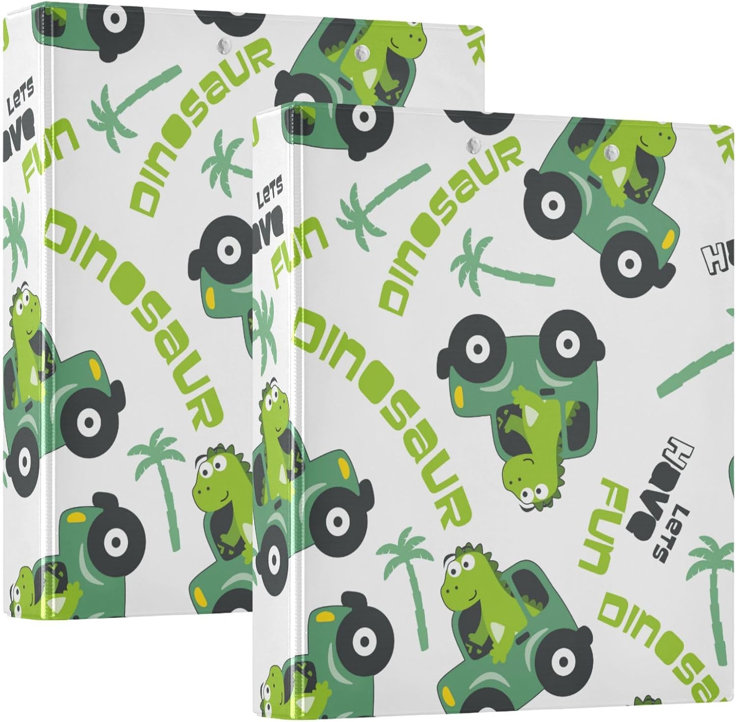 Cute Dinosaur Driving Car Coconaut Tree Round Rings Binders 1.5 Inch Binders with Clipboard 1/2 Pack for Letter Size (11" X 8.5") Hardcover