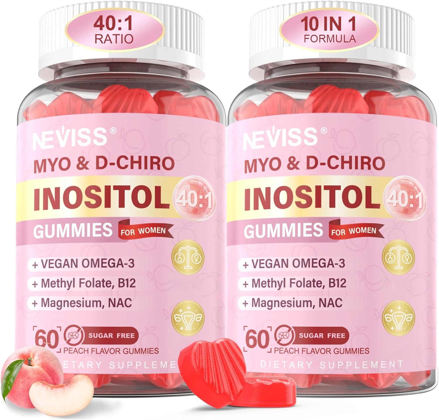 Myo-Inositol & D-Chiro Inositol Gummies for Women 2000mg + 50mg, 40:1 Ratio Inositol with Vegan Omega-3 + Vitamin D3, Magnesium Glycinate, Methyl Folate + B12 for Female Health & Wellness, Sugar Free