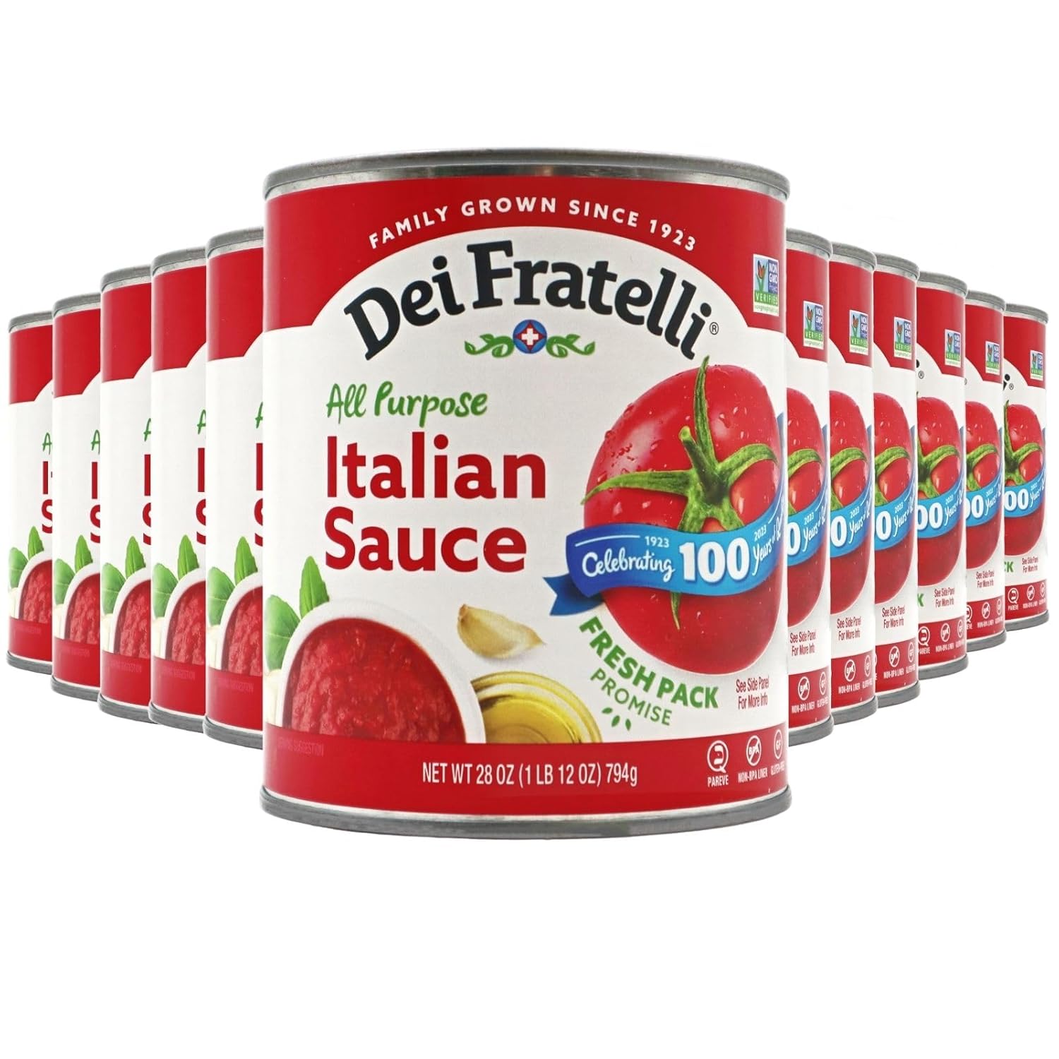 Dei Fratelli Italian Sauce (28 oz. Cans, 12 pack) - Vine-Ripened - No Water Added, Not from Paste – Non GMO, Gluten-Free - Fifth-Generation Family Recipe