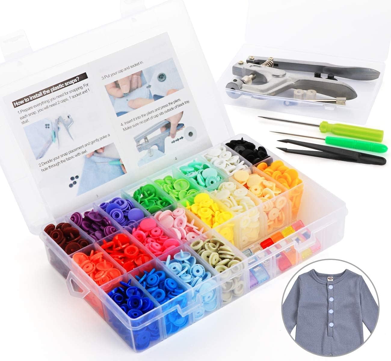 Snap Pliers + 400 Sets T5 Plastic Snap Buttons Fasteners 20 Colors Poppers Press DIY Studs Tools with 2 Clear Storage Boxes