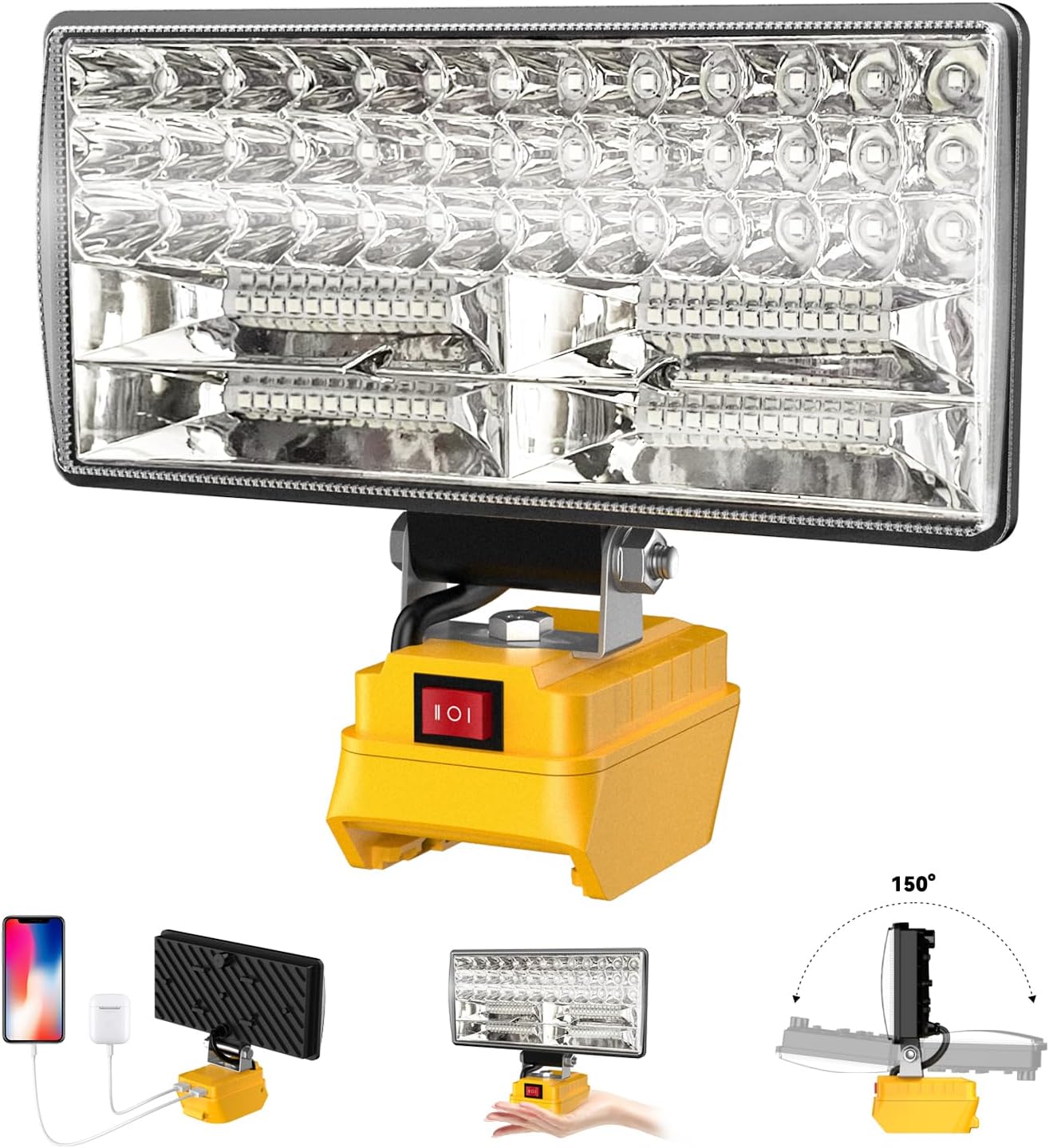 8" Cordless LED Work Light for Dewalt 20V Battery, Two Levels Adjustable Flood Light up to 90W 5400 Lumens with USB Charging Port, Portable LED Flashlight for Work, Camping, Outdoor(No Battery)