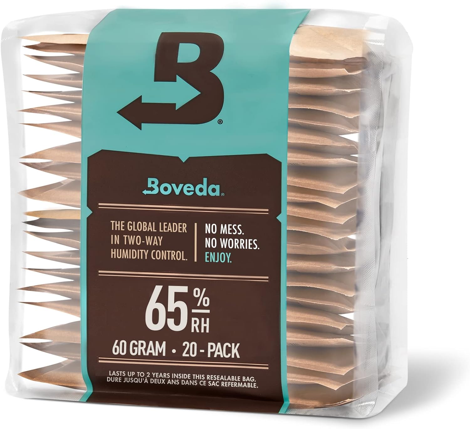 Boveda 65% Two-Way Humidity Control Packs For Aging & Long-Term Storage in Plastic & Wood Boxes – Size 60 – 20 Pack – Moisture Absorbers – Humidifier Packs – Hydration Packets in Resealable Bag
