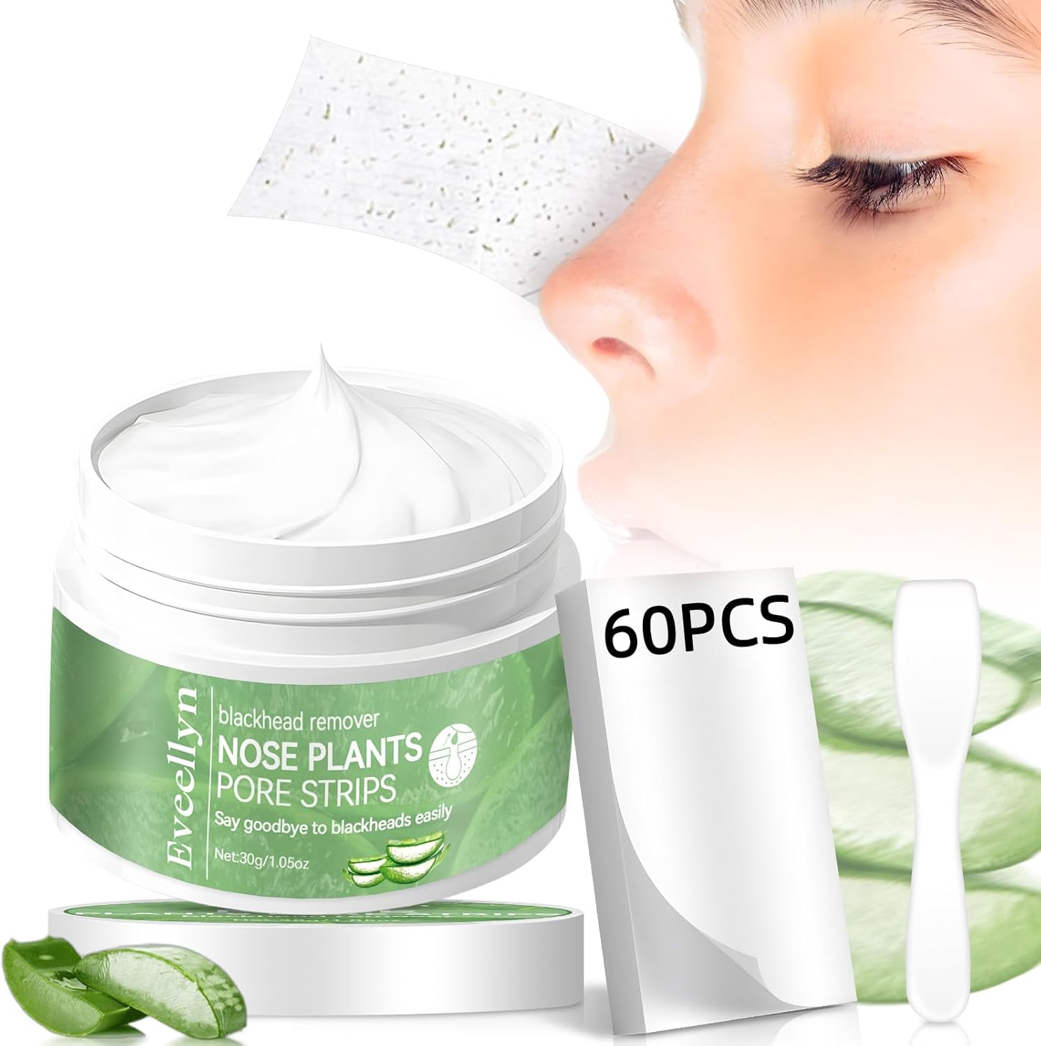 Eveellyn Blackhead Remover Mask 30g, Pore Strips 60 pcs, Deep Cleansing Pore Strips for Blackheads，Tighten Pores for All Skin Type, Removes Impurities and Excess Oil, for Women and Men