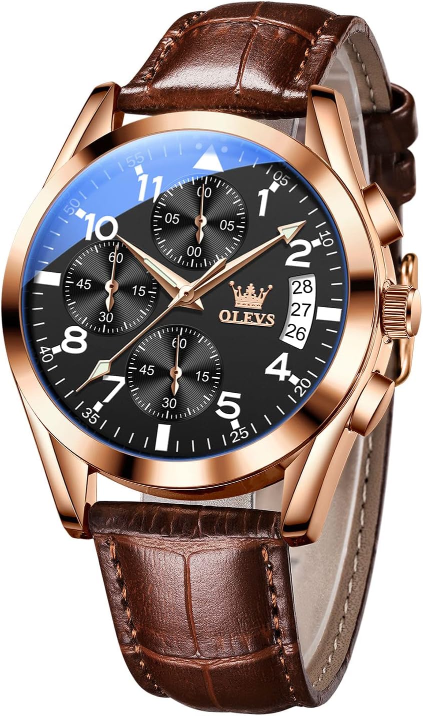 OLEVS Men's Casual Leather Watch, Big Face Chronograph Watch for Men, Fashion Easy to Read Dress Watch, Men's Waterproof Luminous Date Analog Watch, Gold/Black/White/Blue Dial