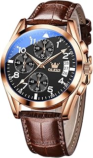 OLEVS Men's Casual Leather Watch, Big Face Chronograph Watch for Men, Fashion Easy to Read Dress Watch, Men's Waterproof Luminous Date Analog Watch, Gold/Black/White/Blue Dial