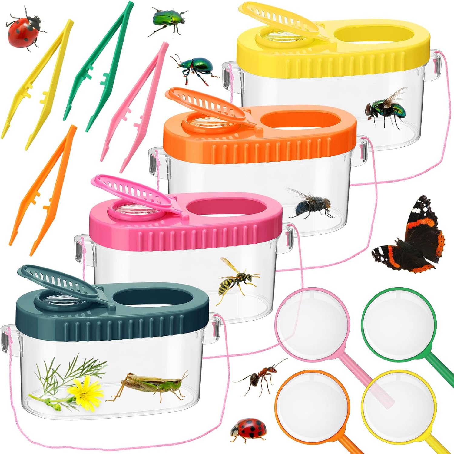 Halloscume 4 Sets Bug Collection Kit for Kids, Explorer Outdoor Kit with Bug Containers for Insects, Magnifying Glass, Tweezers, Nature Exploration Gift Toy for Girls Boys(4 Colors)