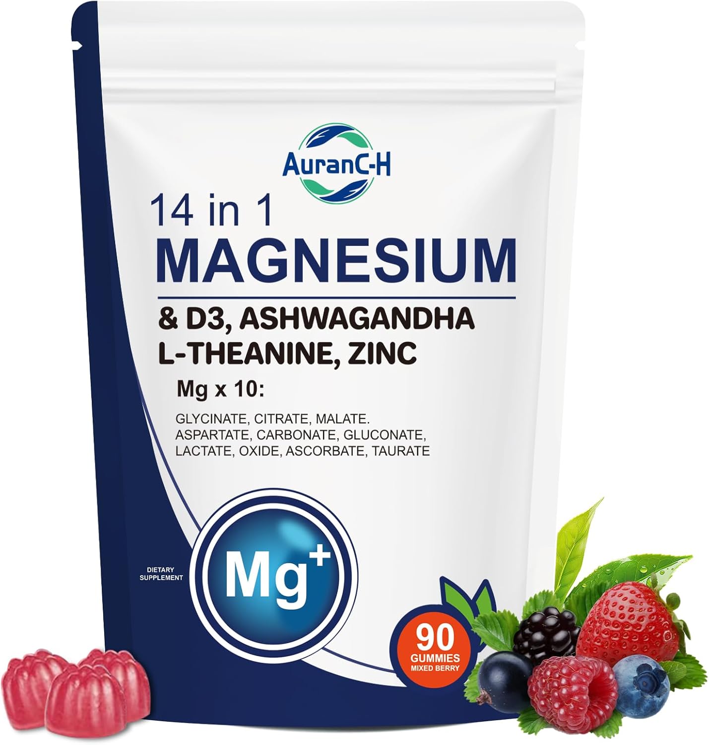 Magnesium Glycinate & Citrate Gummies – 14 in 1 Magnesium & D3, Ashwagandha L-theanine, Zinc – Cortisol Supplements for Women – Sugar-Free Vegan Non-GMO - 90 Count