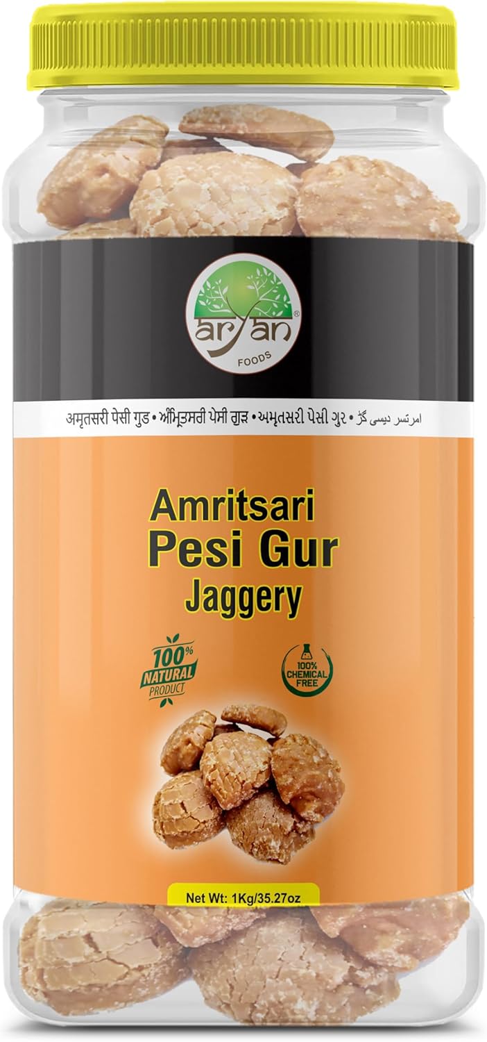 Aryan Jaggery | Amritsari Pesi Gur | Natural Sweetener | Indian Unrefined Sugar Cane Goor | No Artificial Flavors & Preservatives | Chemical Free-1Kg