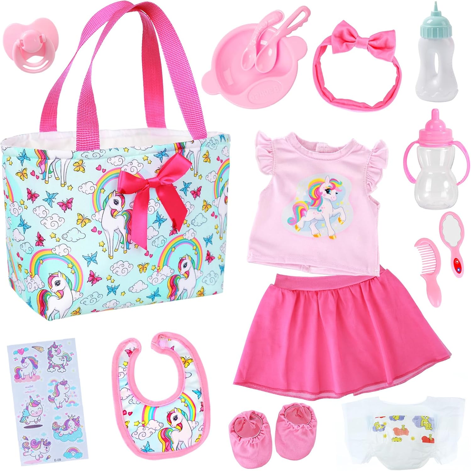 ZITA ELEMENT 15 Pcs Baby Doll Diaper Bag with Clothes and Accessories, Includes 16 Inch Girl Doll Clothes, Bottles, Pacifier, Bib, Diaper(No Doll)