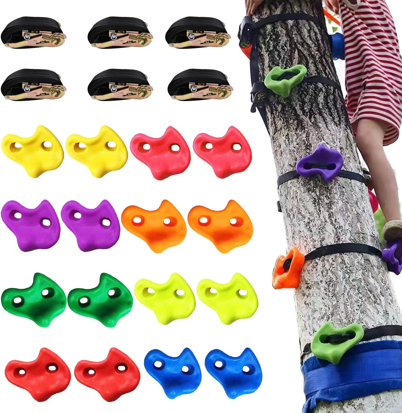 KINSPORY 16PC Tree Climbing Holds and 6pc Tree Ratchet Straps Climb Kit for Outdoor Ninja Obstacle Training