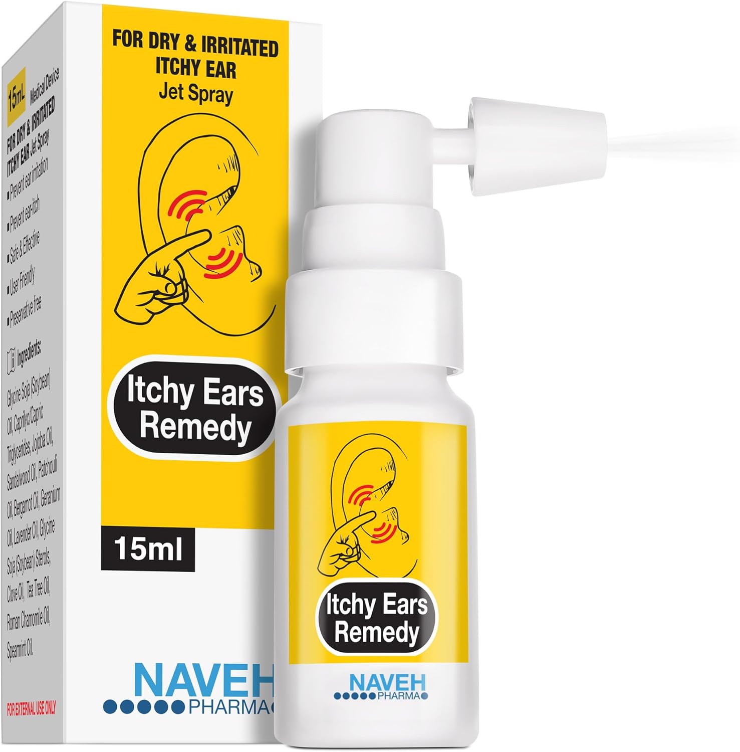 NAVEH PHARMA Itchy Ears Remedy: Ear Cleaning and Itch Relief | Treats All Causes of Ear Itchiness | Jet Ear Spray for Eczema Treatment and Clogged Ear Relief | Ear Wax Remover & Ear Wash (15 ML)