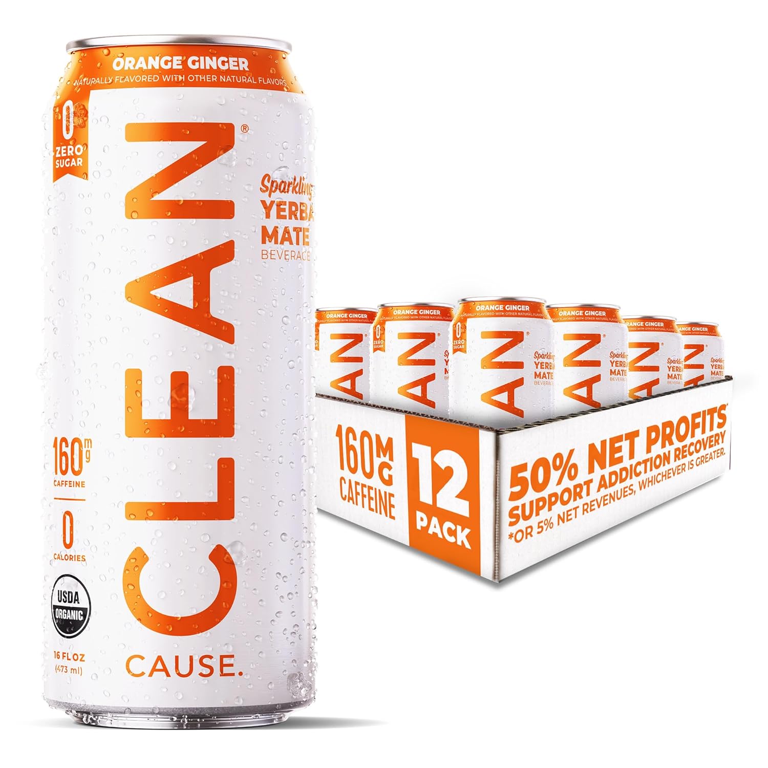 CLEAN Cause Zero Calorie Zero Sugar Orange Ginger Yerba Mate, Organic Energy Drink Alternative (16oz cans, 12-Pack Case) Zero sugar, Keto Friendly, 160mg Caffeine, Healthy Alternative to Soda & Energy Drinks.