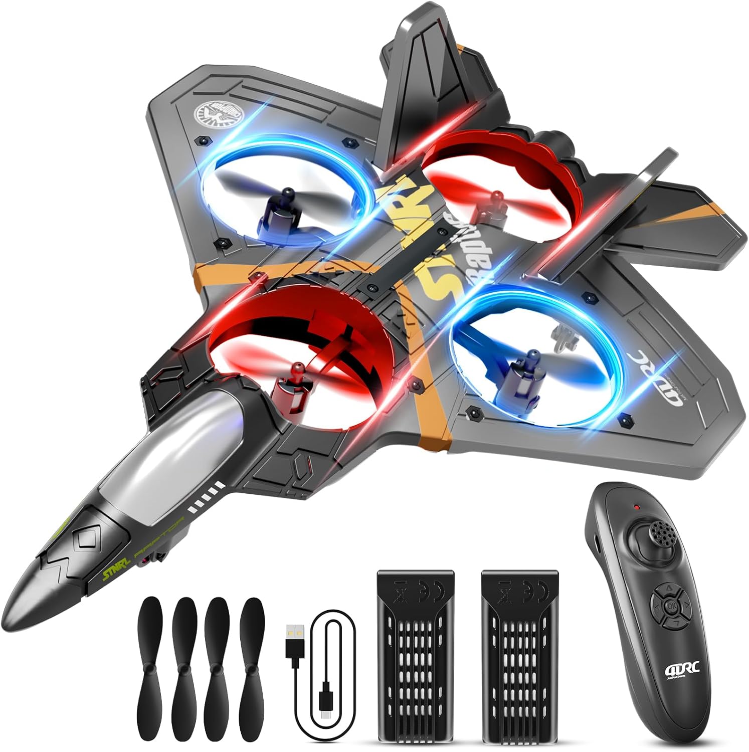 4DRC V17 Remote Control Plane 2.4Ghz Foam RC Airplanes Helicopter Quadcopter for Adults Kids,Spinning Drone,Gravity Sensing,Stunt Roll,Cool Light,2 Battery,Gifts for Kids Boys