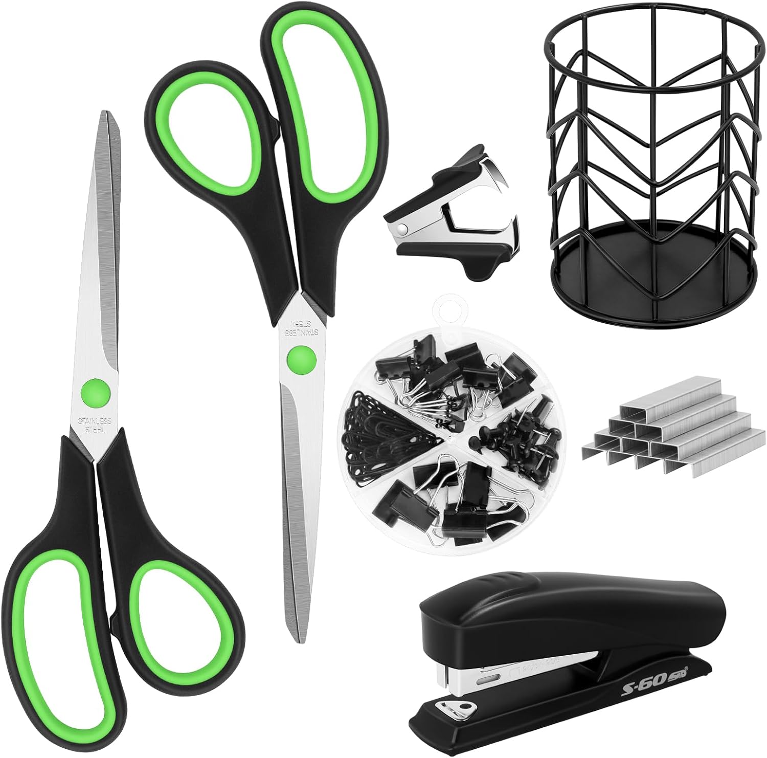 Office Supplies Kit, Desk Accessories Set, Products Include Scissors, Stapler, Staples, Staple Remover，Pen Holder, Paper Clips, Push Pins, Binder Clips
