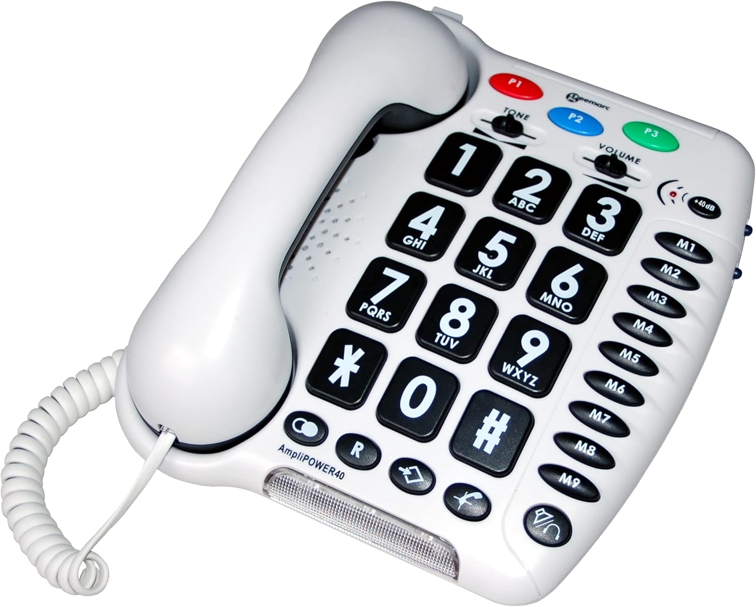 Geemarc Amplipower 40 - Amplified Corded Telephone with Tone and Volume control, Large Buttons and One-touch Memories - Hearing Aid Compatible - Specialized for Hearing Impaired - UK Version - White