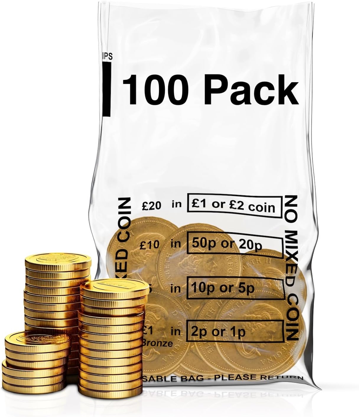 Swoosh Media Pack of 100 - Coin Bags | Money Bank Bags | Clear Plastic No Mixed Coins Bank Bags | Banking Bags | Coin Bags for Banking
