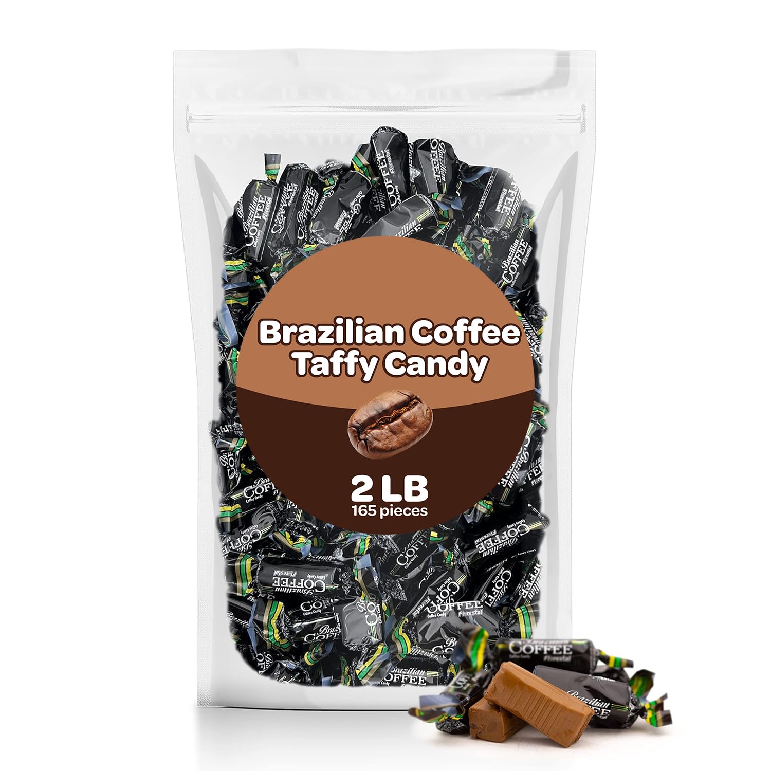 Brazilian Coffee Flavored Taffy Candy - 2 Pound Bulk Pack (About 165 Count) - Individually Wrapped