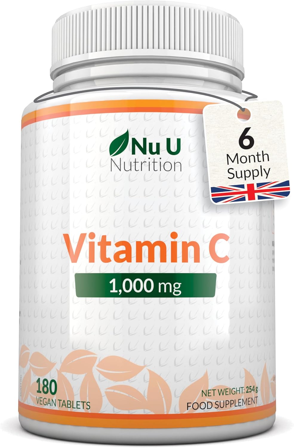 Vitamin C 1000mg - 180 Vegan Tablets - 6 Month Supply - High Strength Ascorbic Acid - Supports Immune System, Energy & Collagen Formation - Nu U Nutrition