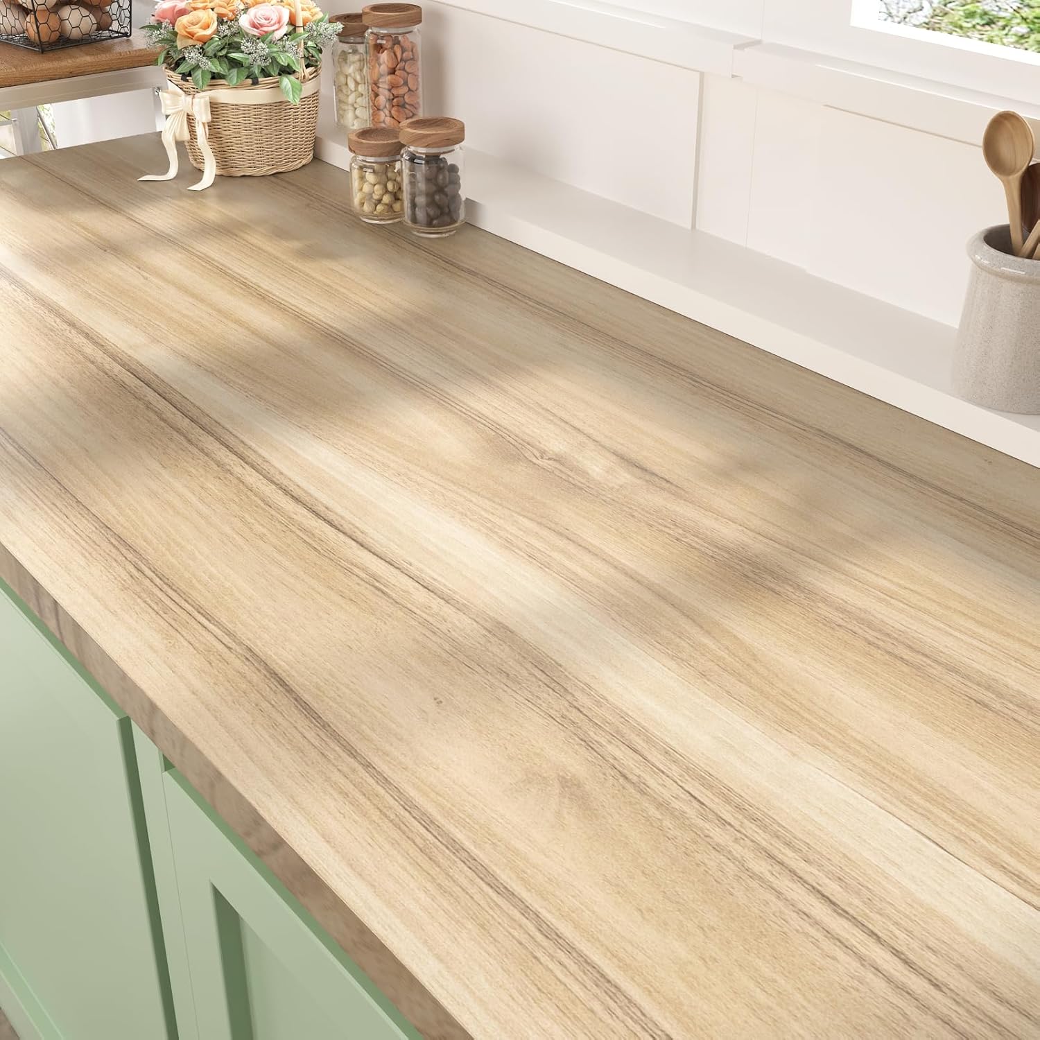 WESTICK Light Wood Contact Paper Peel and Stick Countertops Waterproof Kitchen Countertop Peel and Stick Wood Wallpaper Self Adhesive Wood Grain Contact Paper for Countertops Cabinets 15.75" x 394"