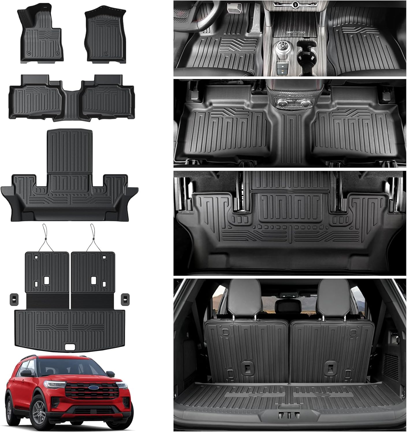Floor Mats for 2020-2025 Ford Explorer Accessories, Cargo Mat with Backrest Mat All Weather TPE Waterproof for Ford Explorer 6 Passenger Captain Seat ST Accessories 2025 2024 2023
