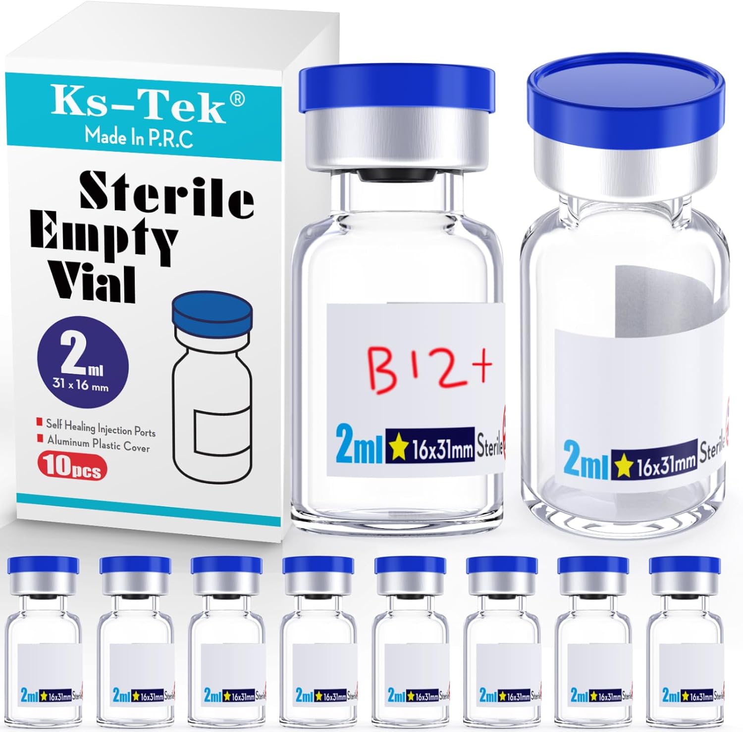 Ks-Tek Sterile Empty Vials with Self Healing Injection Port,with Aluminum Plastic Cap,Sterile Package (2ml Clear,10)
