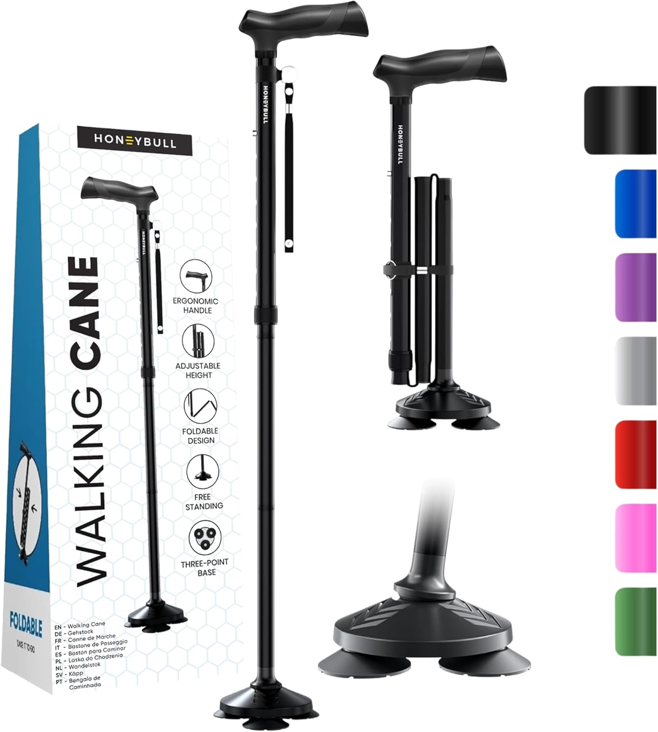 HONEYBULL Walking Cane for Men & Women - Foldable, Adjustable, Collapsible, Free Standing Cane, Pivot Tip, Heavy Duty | Walking Sticks, Folding Canes for Seniors & Adults (Black, Pivot Cane)
