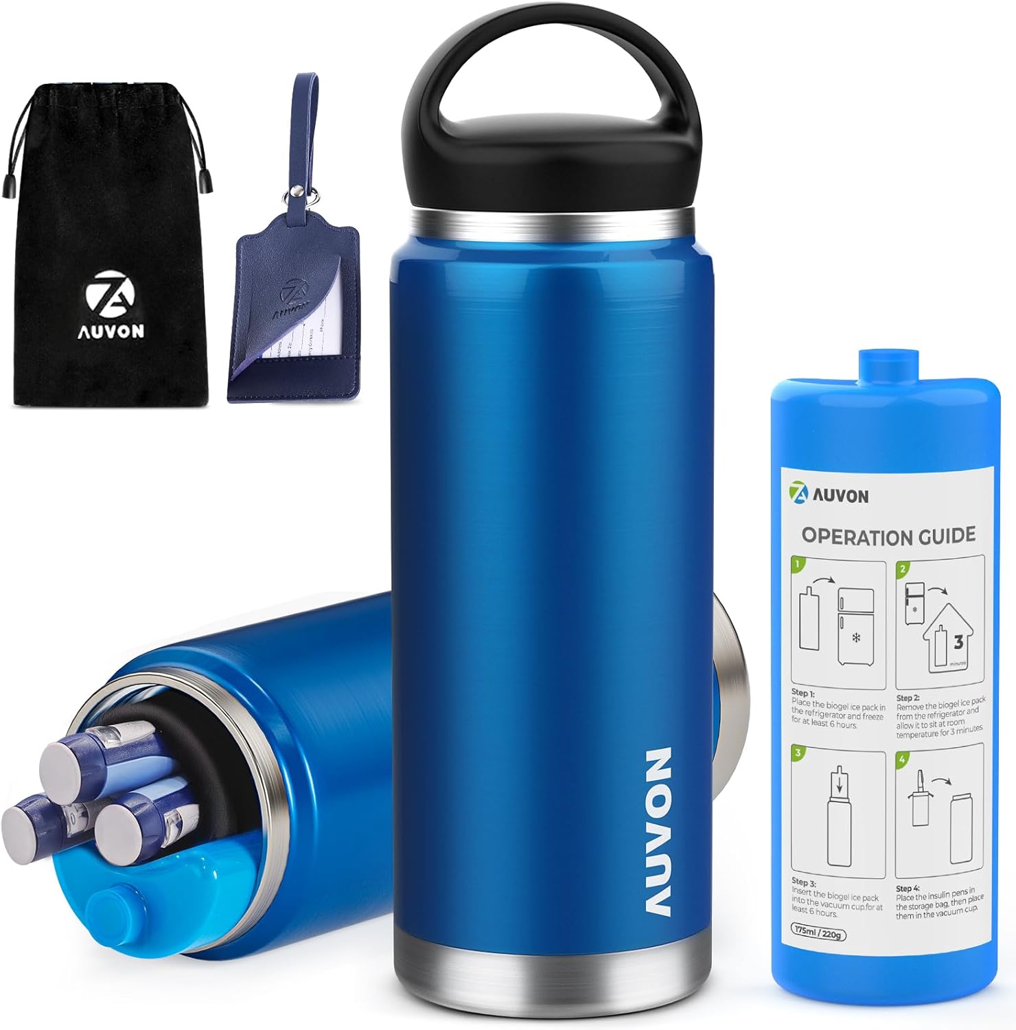 AUVON Insulin Pen Travel Case for 3-7 Pens with Medical Tag, TSA Approved Medicine Travel Cooler with Portable Handle, Diabetic Insulin Cooler with Gel Ice Pack and Anti-freezing Drawstring Bag