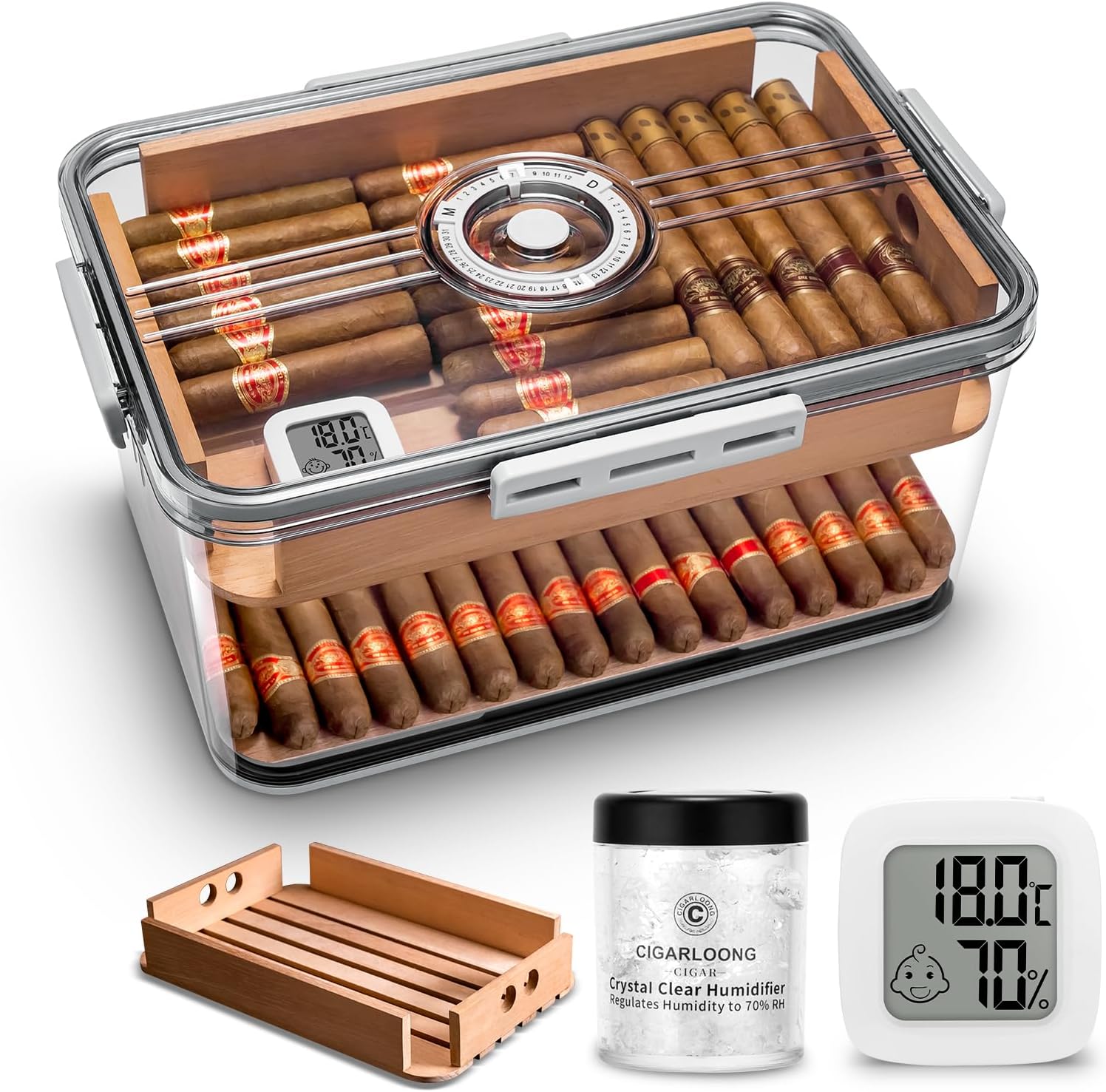 CLZOONG Cigar Humidor Jar/Case/Box Large Clear with Hygrometer,Humidifier&Cedar Wood Shelf (Two-Layer Space), Cigar Acrylic Humidor Portable Airtight Can Hold About 80-100 Cigars (L)