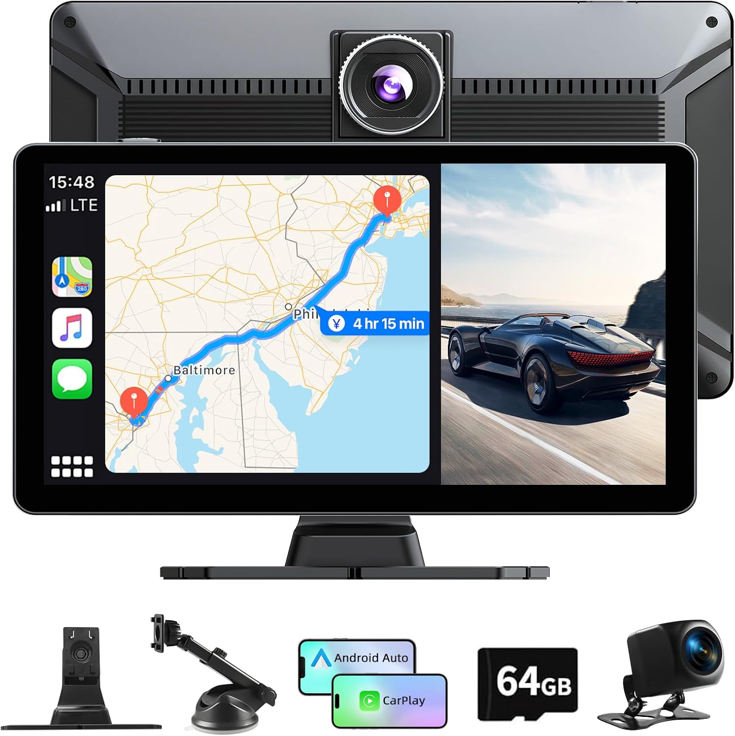 Car Tablet for Apple Car Play and Android Auto, 9 Inch Wireless Apple Carplay Screen for Car with 4K Dashcam Front and Rear Camera 1080P HD/Bluetooth/FM/AUX/64G TF/Mirror Link/Siri/GPS Navigation