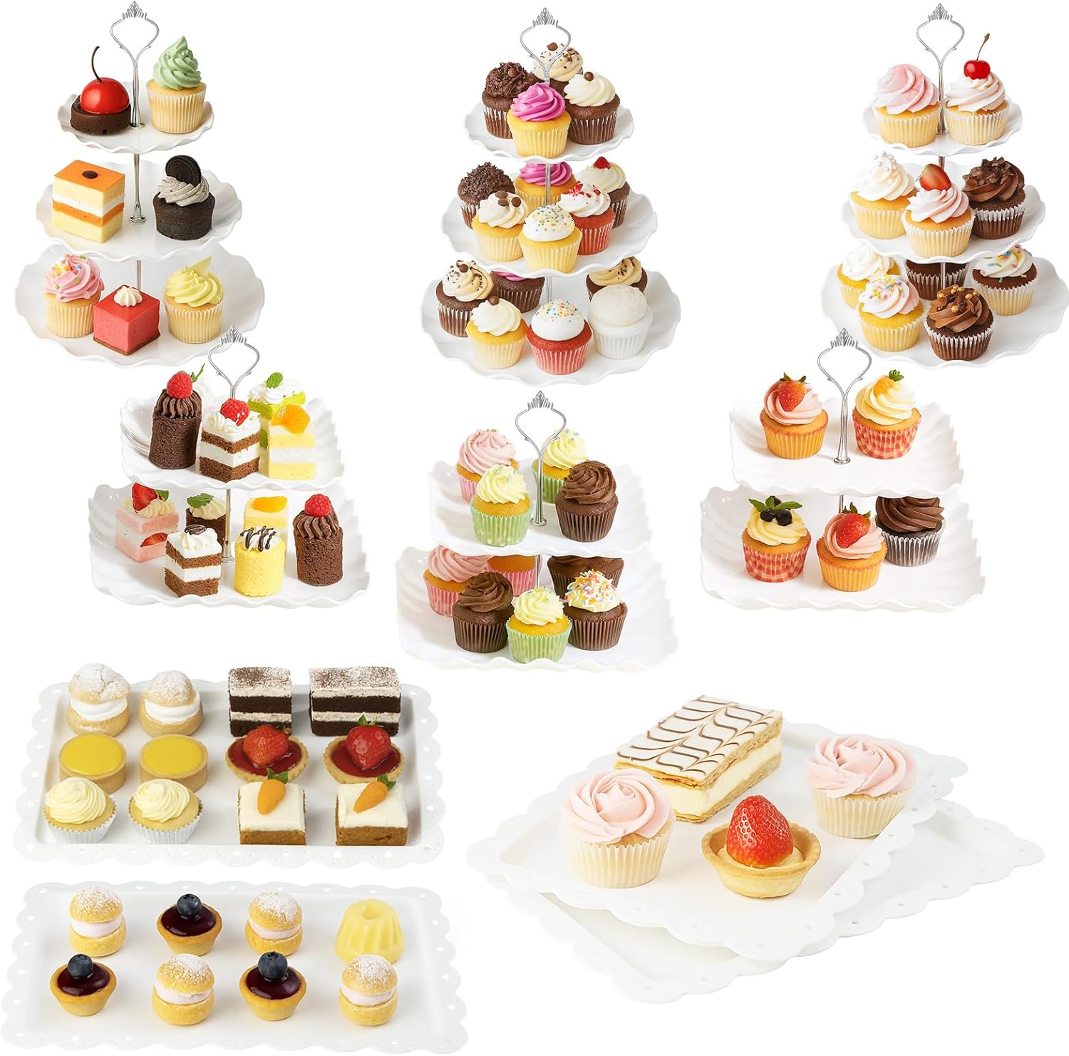 JF HOME BLISS 10 Pcs Cupcake Stand with Two-Tier Cake Stands Three-Tier Cake Stands Appetizer Trays for Wedding Baby Shower Tea Party (10pcs silver)