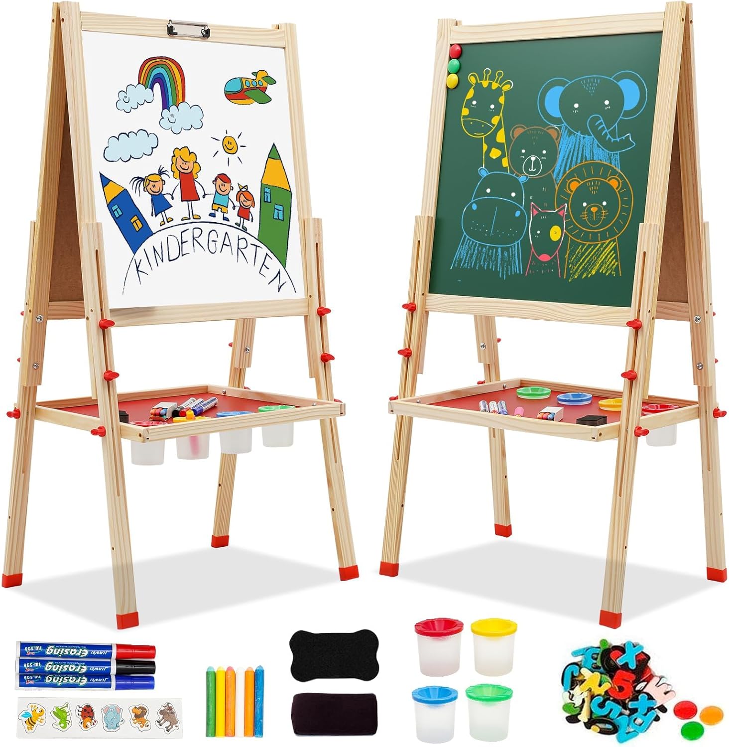 Wooden Art Easel for Kids, Double Sided Kids Easel with Whiteboard & Chalkboard, Height Adjustable Standing Toddler Easel with Number and Painting Accessories, Education Gift for Boys and Girl Ages 3+