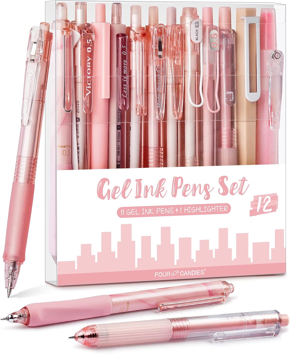 Four Candies Rose Series Gel Pens, Cute Writing Pens with Black & Pink Ink, 0.5 mm Smooth Fine Point, Back to School Office Supplies Girly Stationery Aesthetic Desk Accessories for Women, Set of 12