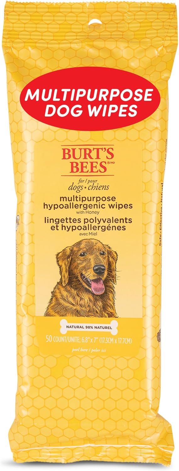 Burt's Bees for Pets Multipurpose Dog Wipes with with Honey, 98% Natural Origin Formulas, Hypoallergenic Dog Wipes Cleaning, Dog Cleaning Wipes, Dog Wipes for Paws and Butt, 50ct