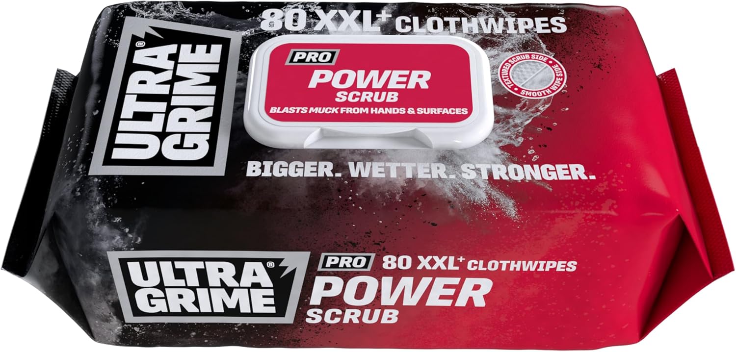UltraGrime PRO Power Scrub Cleaning Wet Wipes - Big Size Professional Disposable Wipes - Tougher Multi-Purpose Heavy-Duty Textured Scrubbing Cloths (80 Thick Large)
