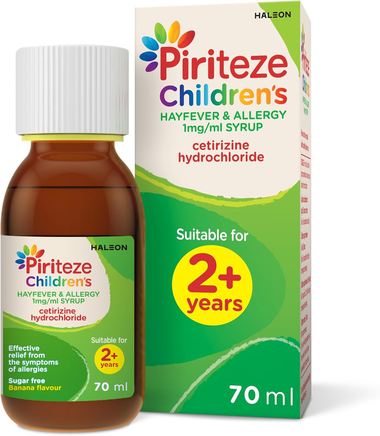 Piriteze Children’s Hayfever & Allergy Syrup. Sugar Free, Banana Flavour Syrup containing cetirizine (antihistamine), 2 Years+, 70ml | Packaging May Vary