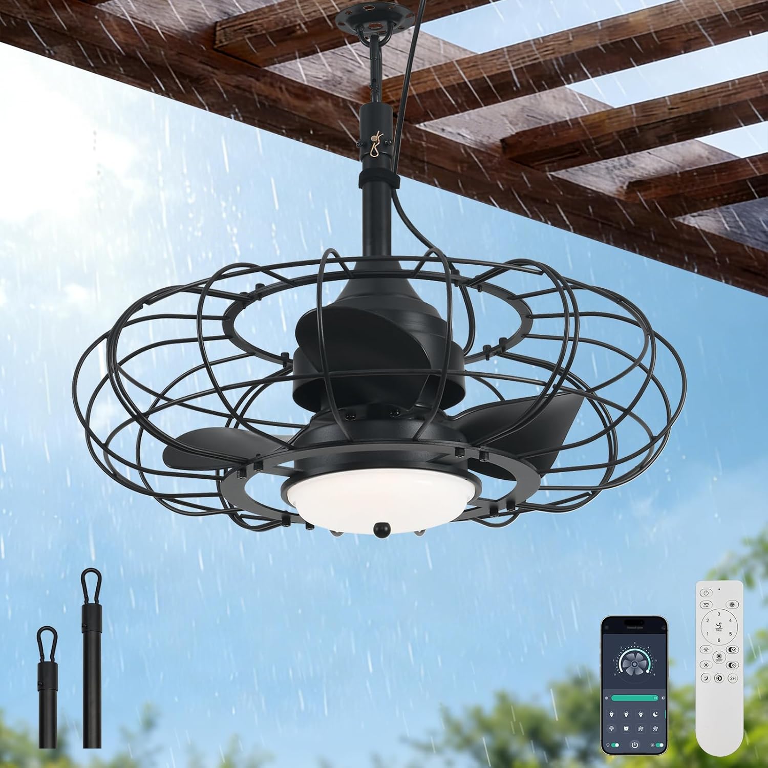 AHAWILL Outdoor Ceiling Fan with Light,20in Gazebo Fan with Remote and APP, 6 Speed,Dimmable 3 Color,IP65 Waterproof Cage Fan for Patio,Porch, Pergola,Canopy,Black