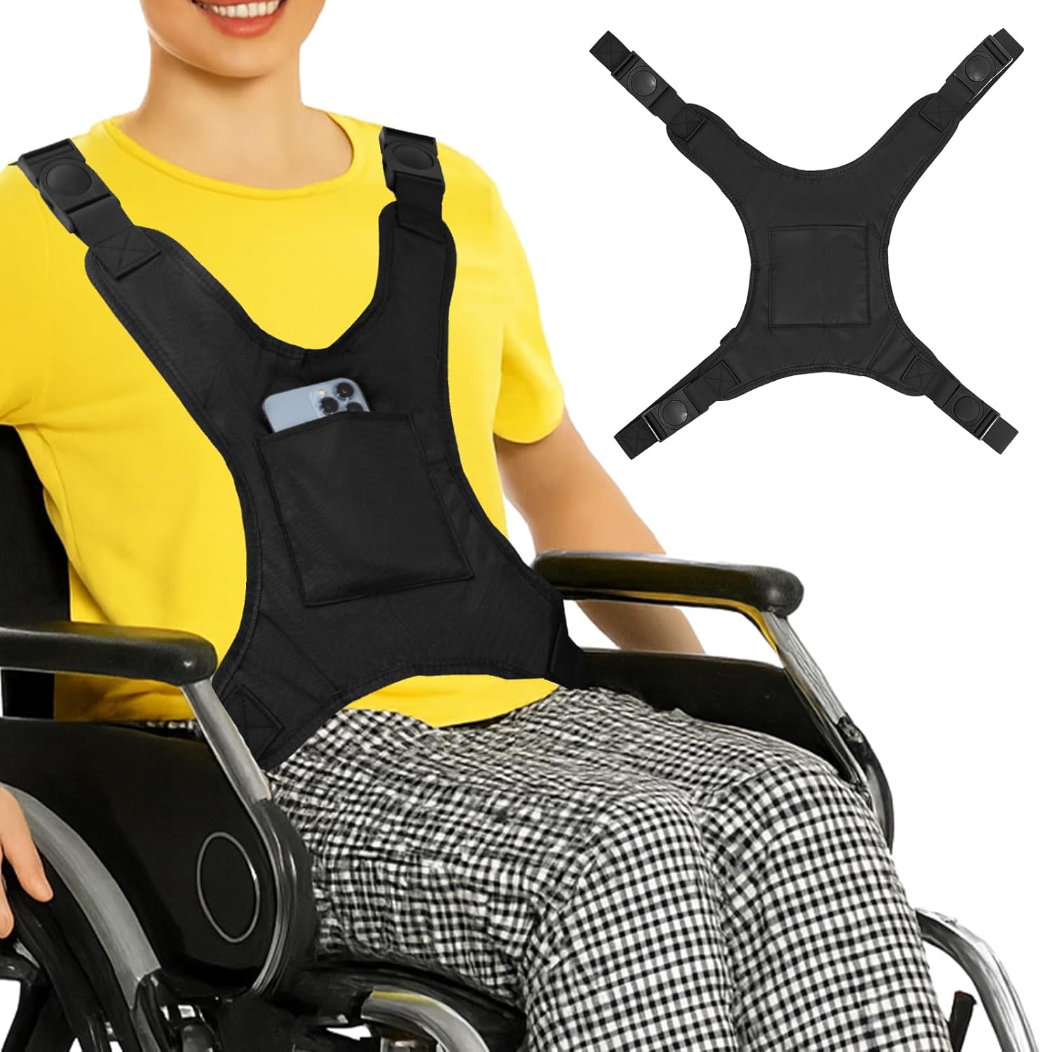 Wheelchair Seat Belt, Wheelchair Harness for Adults with Pocket, Wheelchair Seatbelt Restraint Safety Belt for Seniors Elderly, Patients, Disable, Adjustable Anti-Fall Wheel Chair Accessories